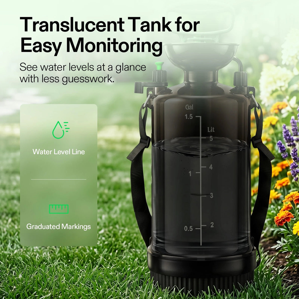 A translucent dark gray water tank on VIVOSUN pump sprayer with black straps and printed water level markings, shown outdoors on grass with flowers in the background. Large text reads 'Translucent Tank for Easy Monitoring' and a green panel lists features like water level line and graduated markings.