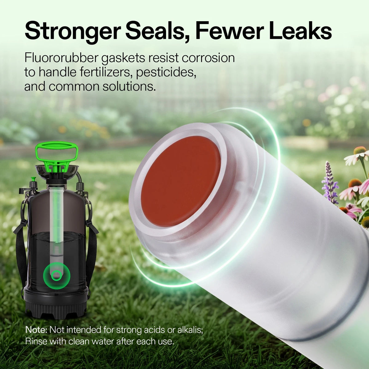 A fluororubber gasket shown close-up on a garden lawn with marketing text reading 'Stronger Seals, Fewer Leaks' and a backpack sprayer pictured on the left. The gasket is highlighted with glowing circular graphics to suggest sealing performance.