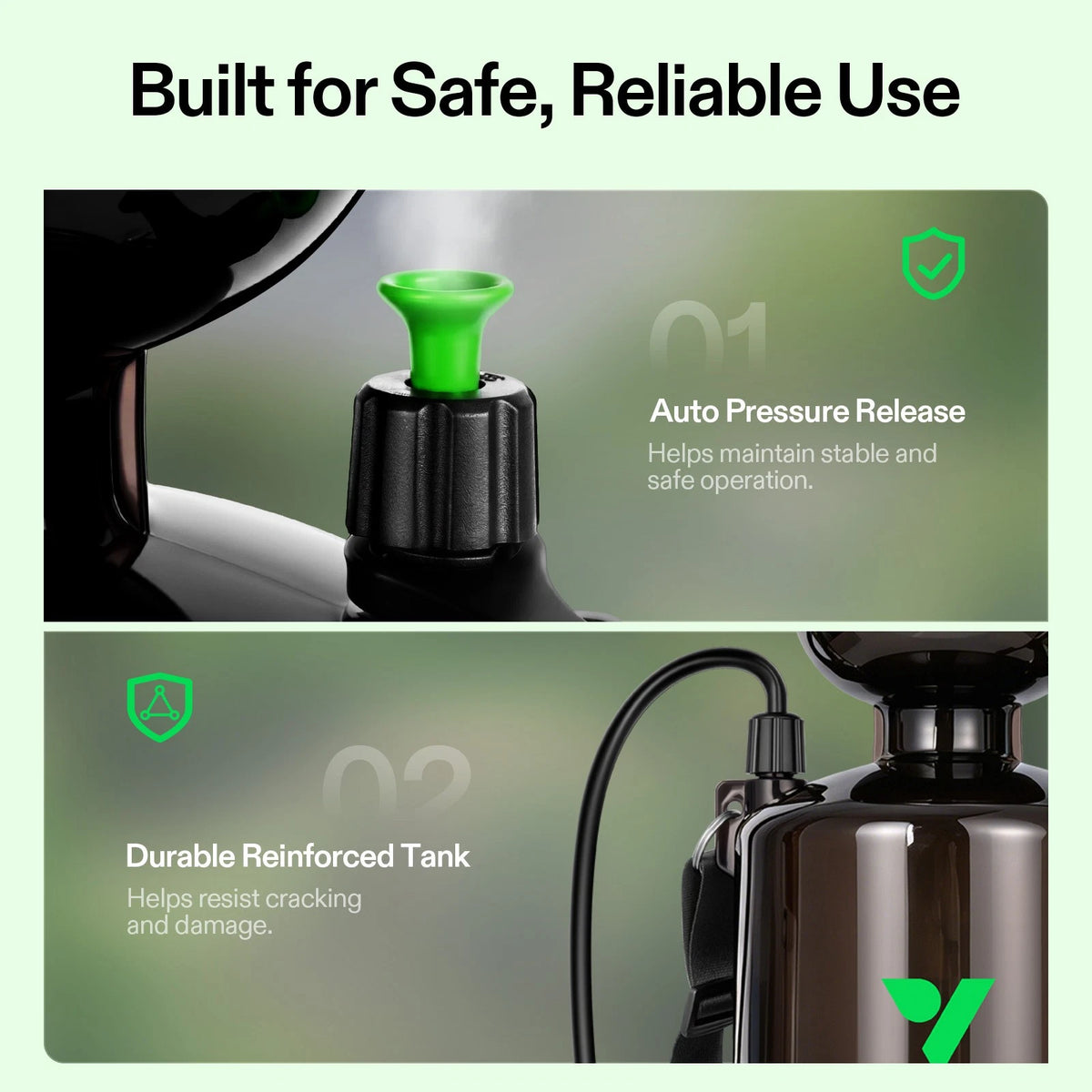 Promotional graphic for a VIVOSUN pump  sprayers auto pressure release valve on tank with text reading 'Built for Safe, Reliable Use' and two feature panels: 'Auto Pressure Release' showing a green valve on a black cap, and 'Durable Reinforced Tank' showing part of a dark bottle with a black hose.