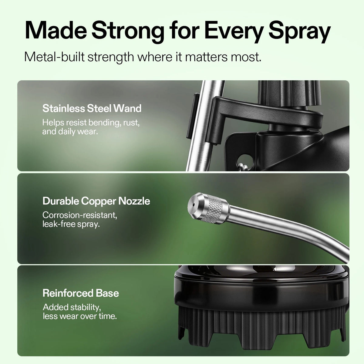 VIVOSUN pump sprayer illustration showing durability features stainless steel wand, durable copper nozzle, with reinforced base for more stability and less wear.