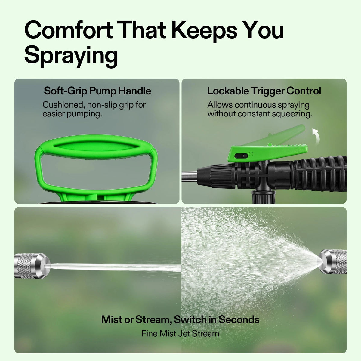 Promotional graphic for a VIVOSUN pump sprayer with four panels showing product features: a green soft-grip pump handle, a green lockable trigger control, water spraying from the hose, and text reading 'Comfort That Keeps You Spraying' and 'Mist or Stream, Switch in Seconds'.