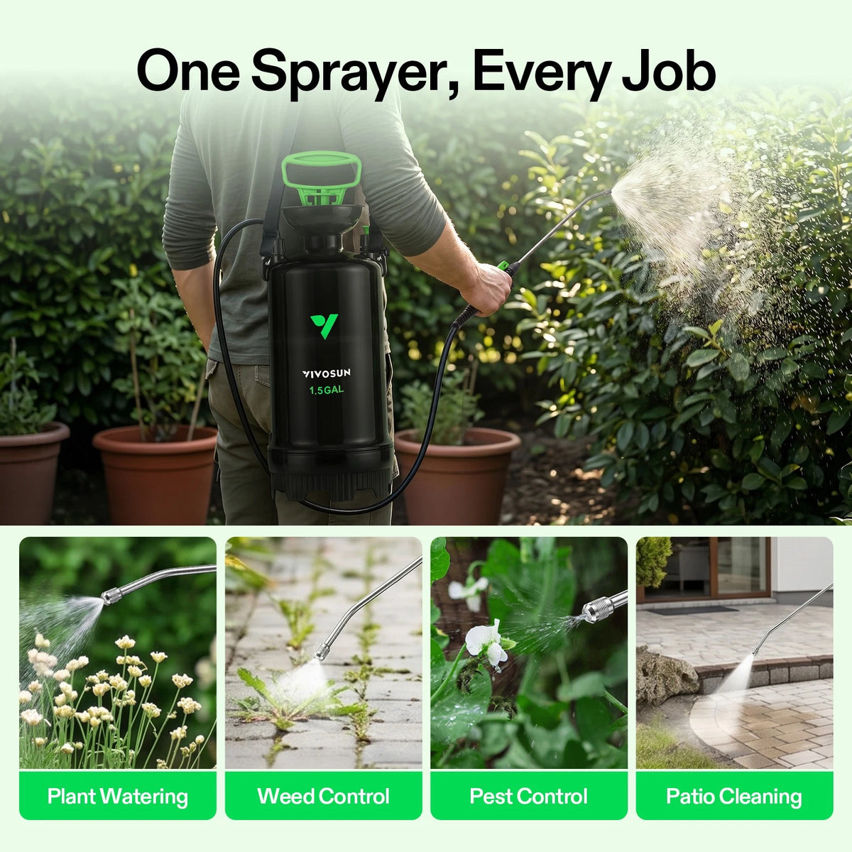 A person outdoors using a black and green VIVOSUN 1.5 gallon backpack sprayer to mist plants and a garden bed. Large text at the top reads 'One Sprayer, Every Job,' and four smaller panels at the bottom show use cases: plant watering, weed control, pest control, and patio cleaning.