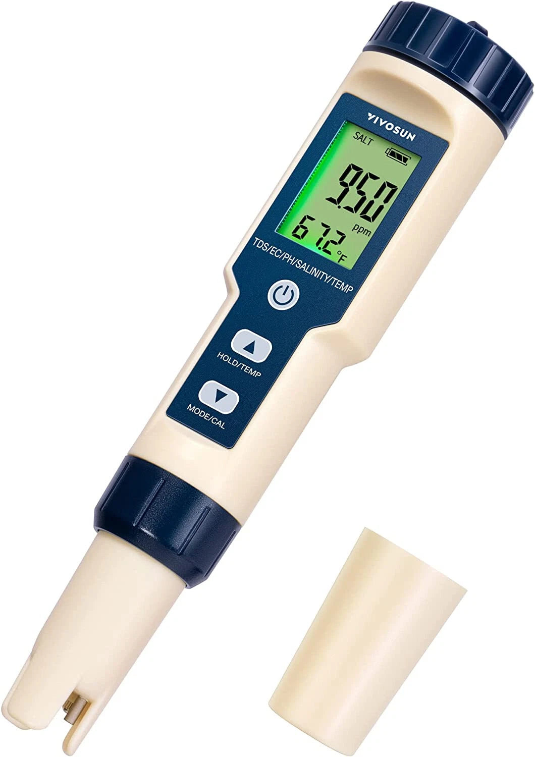 A VIVOSUN digital pH probe water tester meter with a cream-colored body, dark blue accents, and a green LCD screen, shown alongside its protective cap on a white background.