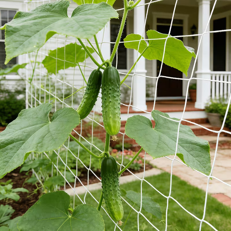 Cucumbers growing on a trellis in a garden with a house in the background