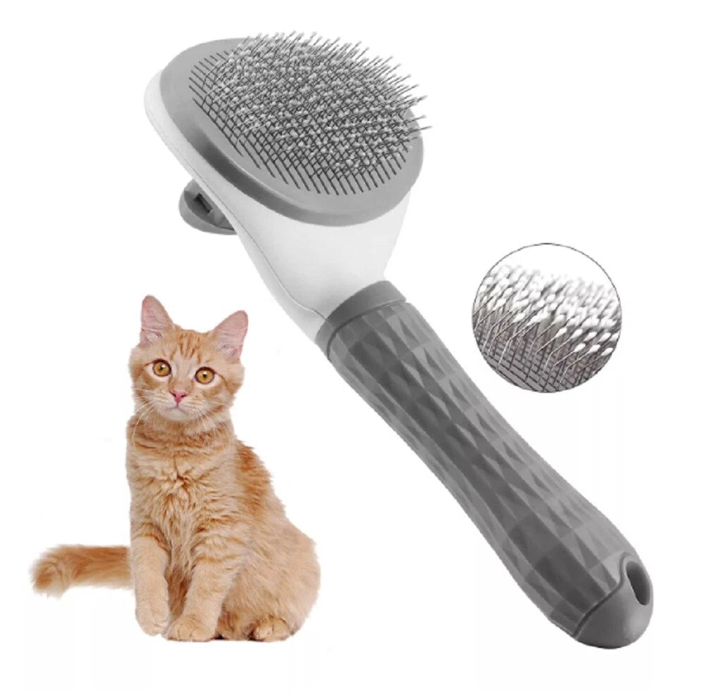Cat self cleaning pet grooming brush with close-up of bristles and a cat sitting next to it on a white background