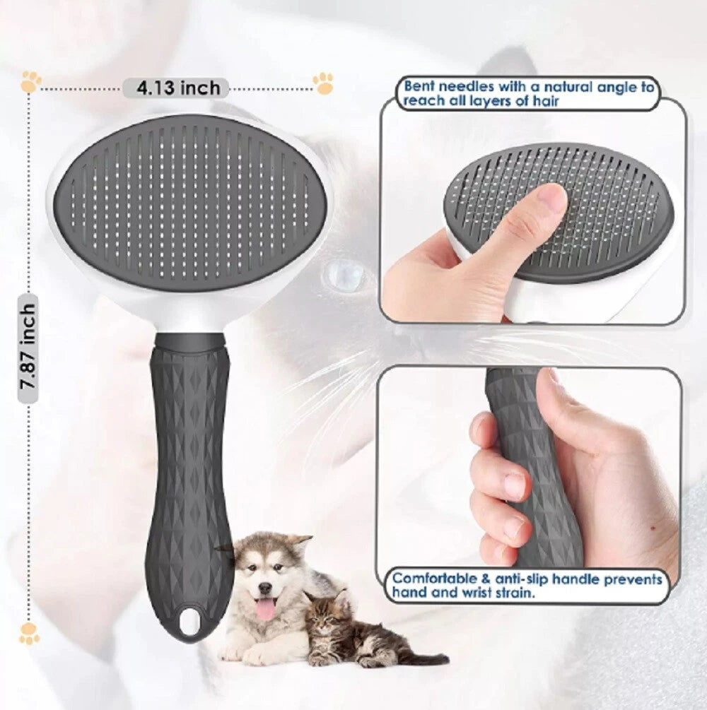Self Cleaning Pet grooming brush with measurements and usage instructions on a white background
