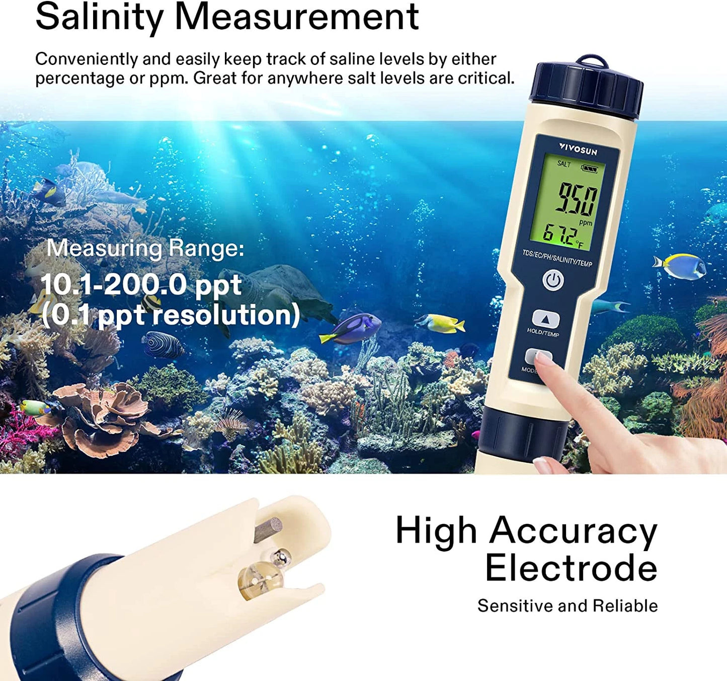A handheld salinity meter with a black and cream body is shown against an underwater coral reef scene, with a finger pressing the button. Text overlays describe salinity measurement, measuring range, and high accuracy electrode.