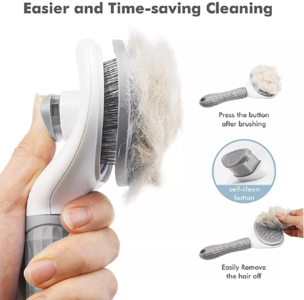 Handheld self cleaning pet grooming brush with bristles and hair removal feature, held by a hand.