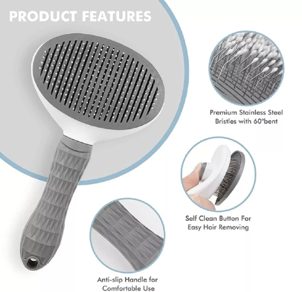 Gray self cleaning pet grooming brush with product features highlighted on a white background