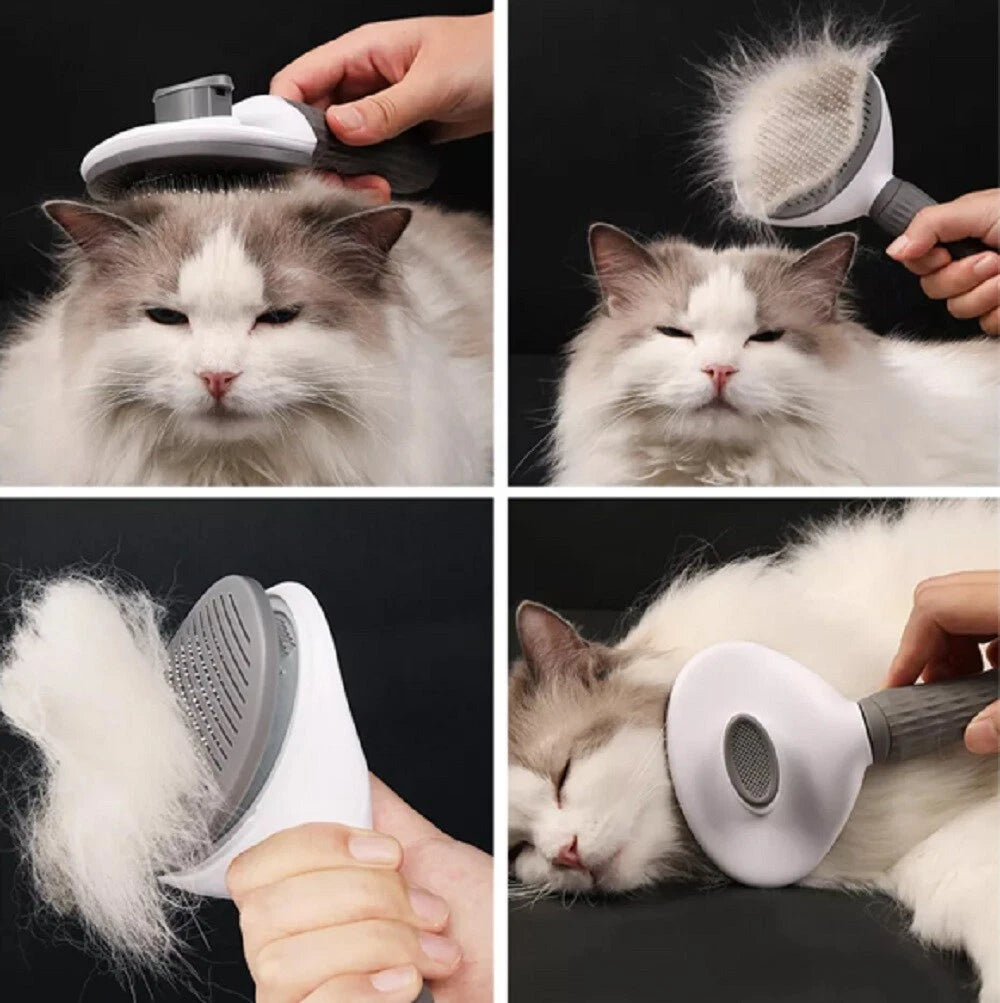 Collage of a cat being groomed with a self cleaning pet grooming brush, showing close-ups and the grooming tool.