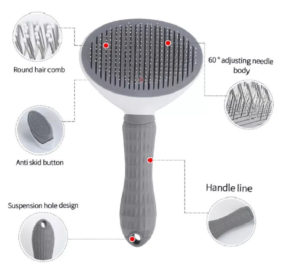 Gray pet self cleaning pet grooming brush with labeled features on a white background