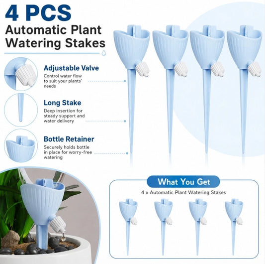 4-pack of light blue automatic plant watering stakes with adjustable valves and bottle retainers, shown with feature callouts and a small lifestyle inset of the product in use.
