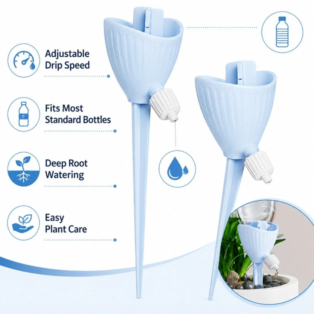 A light blue plastic drip watering spike funnel for plants, shown with feature callouts including adjustable drip speed, fitting standard bottles, deep root watering, and easy plant care. The image includes a small inset showing the funnel in use with water and soil.