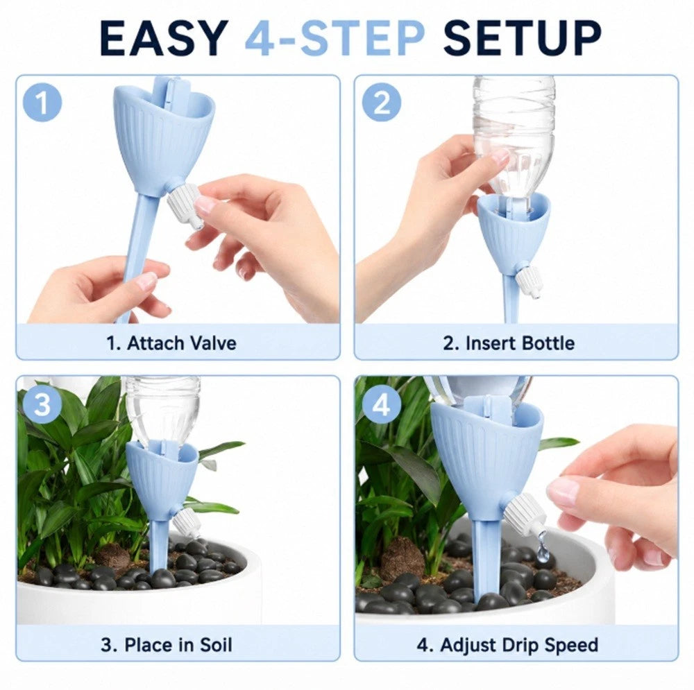 Instructional graphic showing a 4-step setup process for a blue plastic drip irrigation bottle feeder. The panels demonstrate attaching a valve, inserting a plastic water bottle, placing it in soil around a potted plant, and adjusting the drip speed with a small tool.