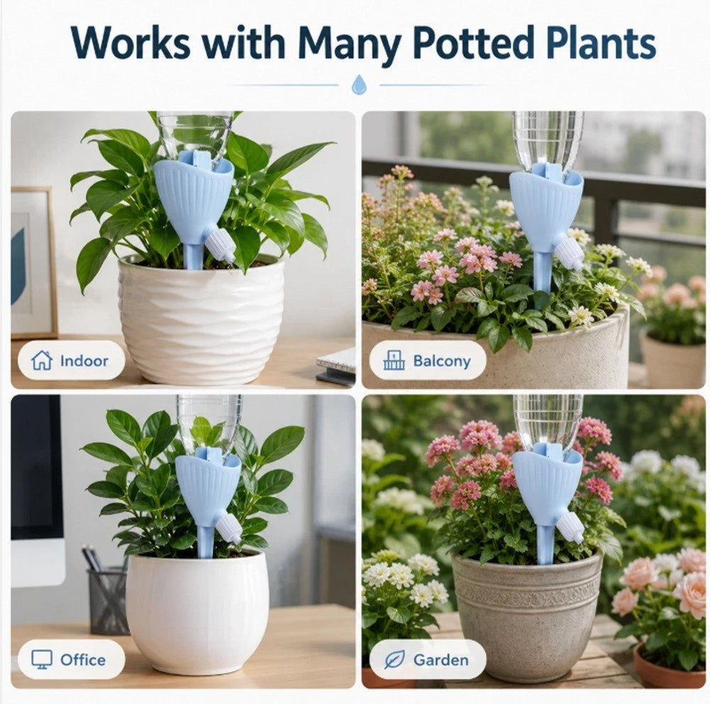 A 2x2 promotional collage showing a light blue self-watering plant pot inserter in use with potted plants. The top text reads 'Works with Many Potted Plants.