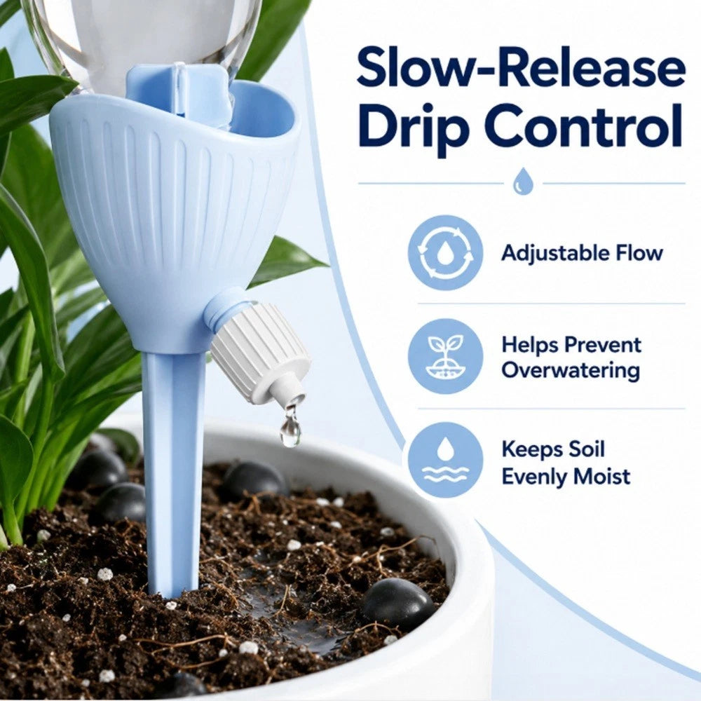 A light blue slow-release drip waterer shown in use, with water being poured into the top and a small drop dripping from the spout. The device is planted in soil inside a white pot, with green leaves in the background and text on the right reading 'Slow-Release Drip Control' plus feature callouts.