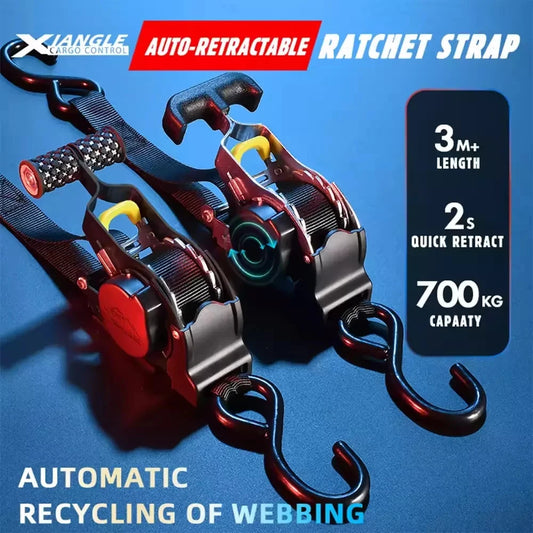 Auto-retractable ratchet strap with key features highlighted on a blue  background 