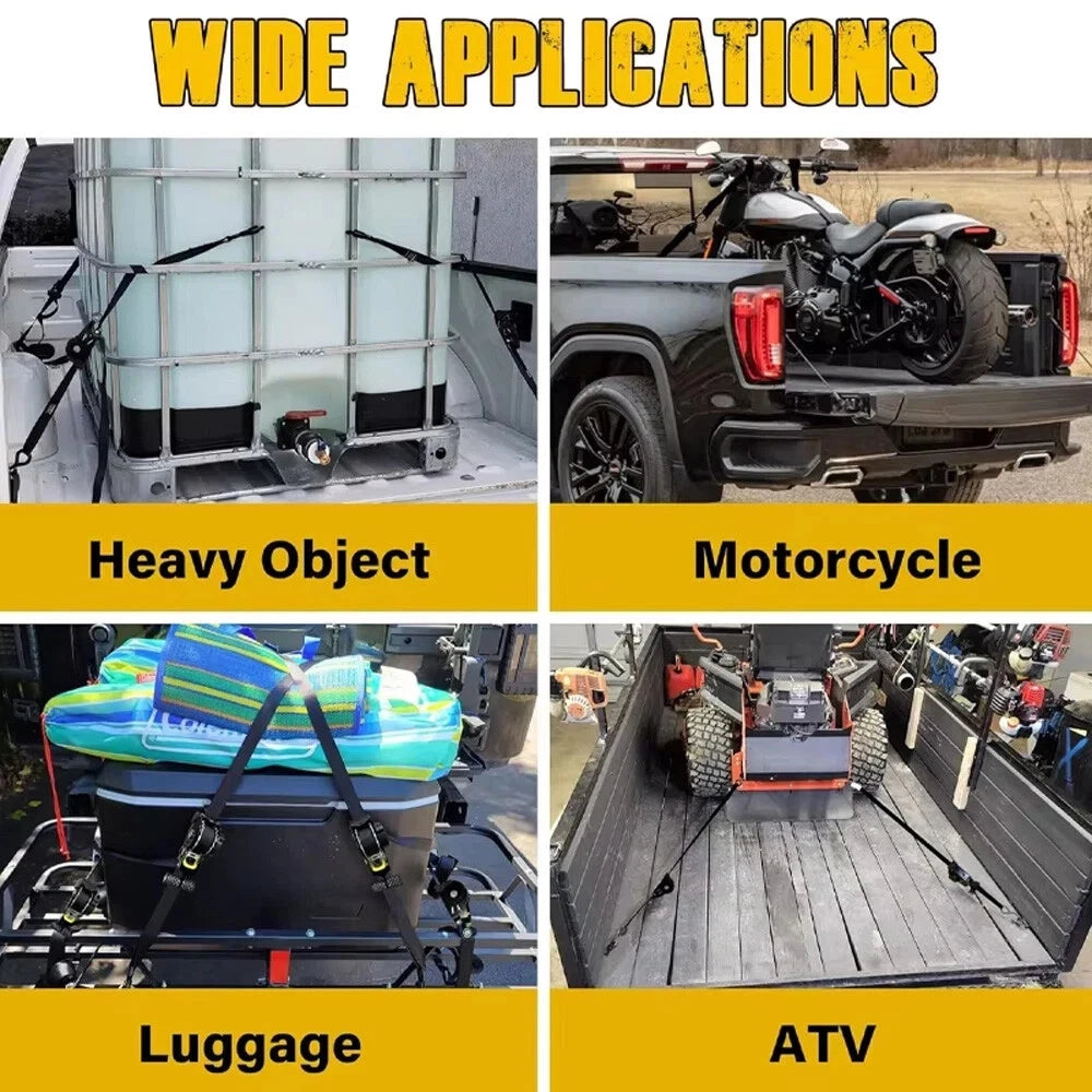 Various applications of a auto retractable ratchet strap on truck bed cover system including heavy object, motorcycle, luggage, and ATV.
