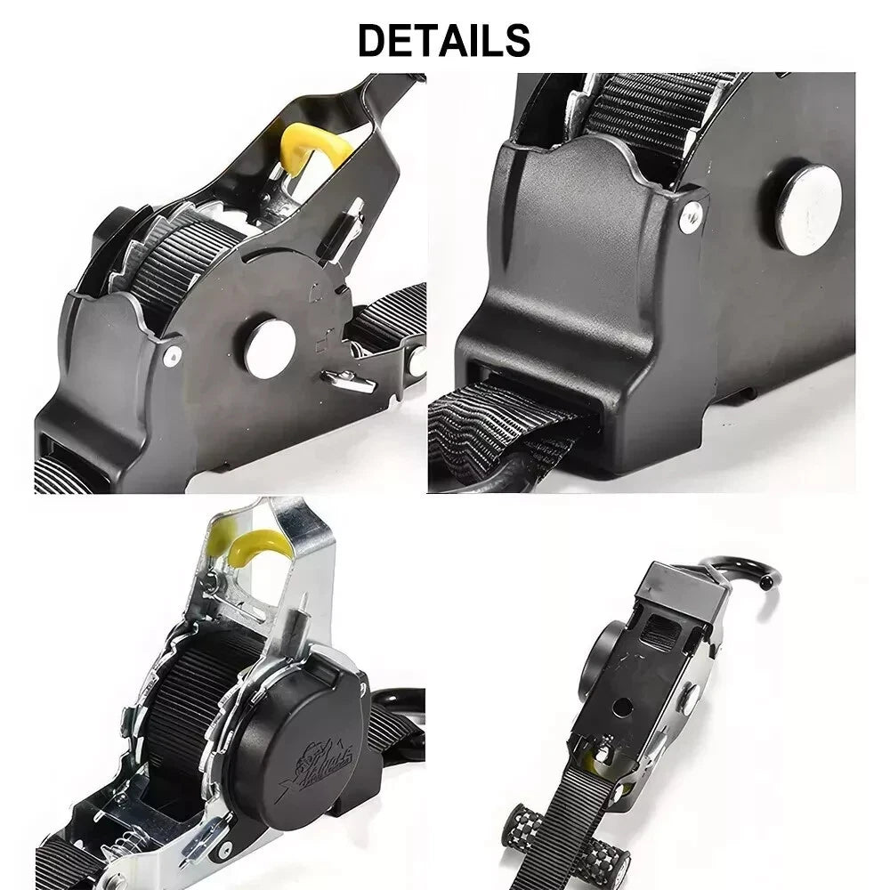 Close-up details of a black strap tensioner on a white background