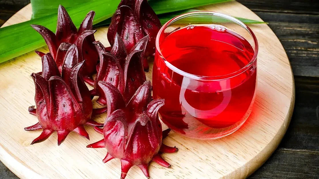 Glass of red Roselle hibiscus juice next to fresh roselle flowers on a wooden board