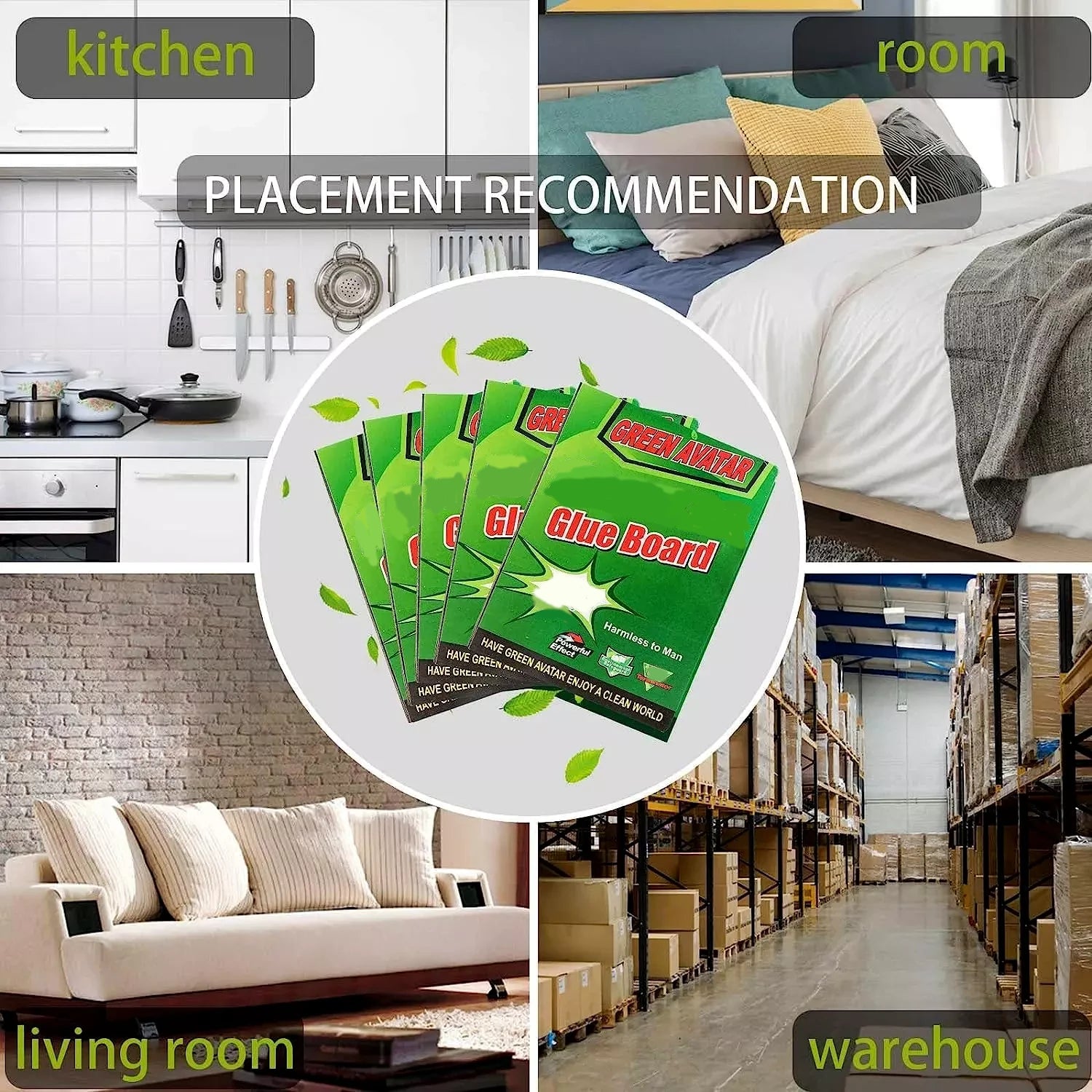 Glue board packaging with kitchen, bedroom, living room, and warehouse background.