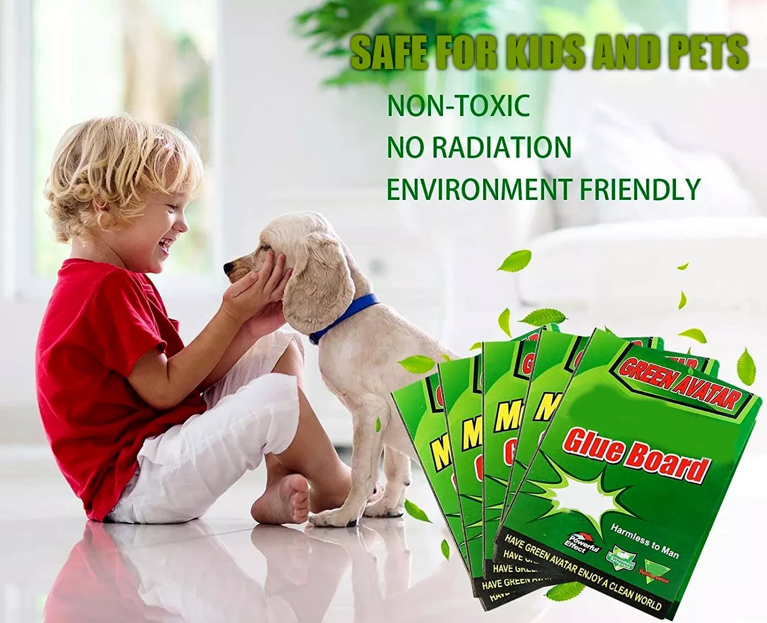 Child petting a dog showing sticky mouse traps are safe for pets and kids, non-toxic, and environmental friendly.