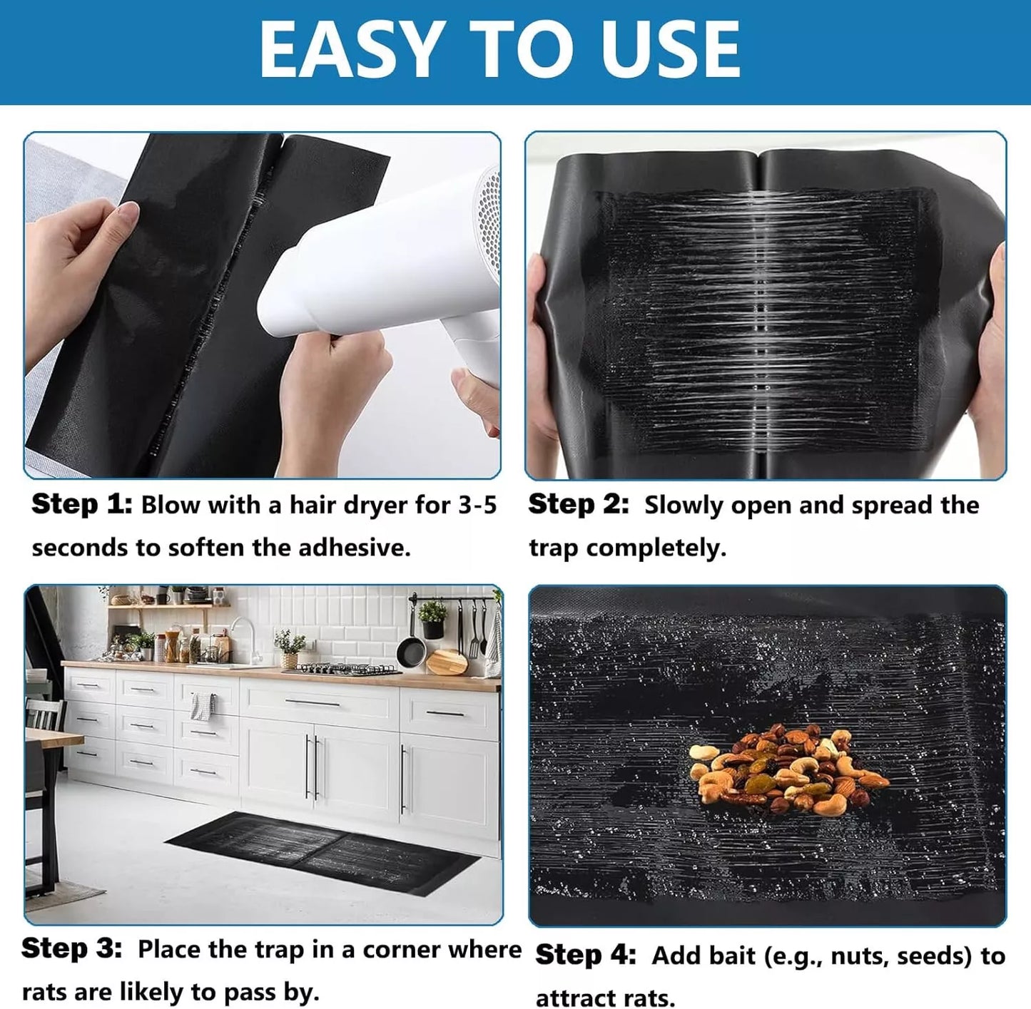 Instructions for using a rat trap with images of the process and text.