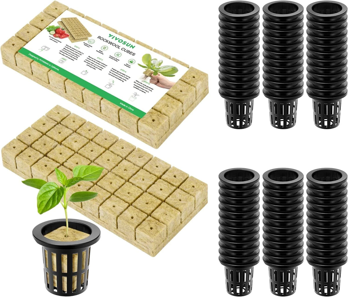A 4-pack of black plastic hydroponic net pots shown alongside two trays of VIVOSUN biodegradable seed starting rockwool cubes, with one plant shown growing in a net pot. The background is solid white.