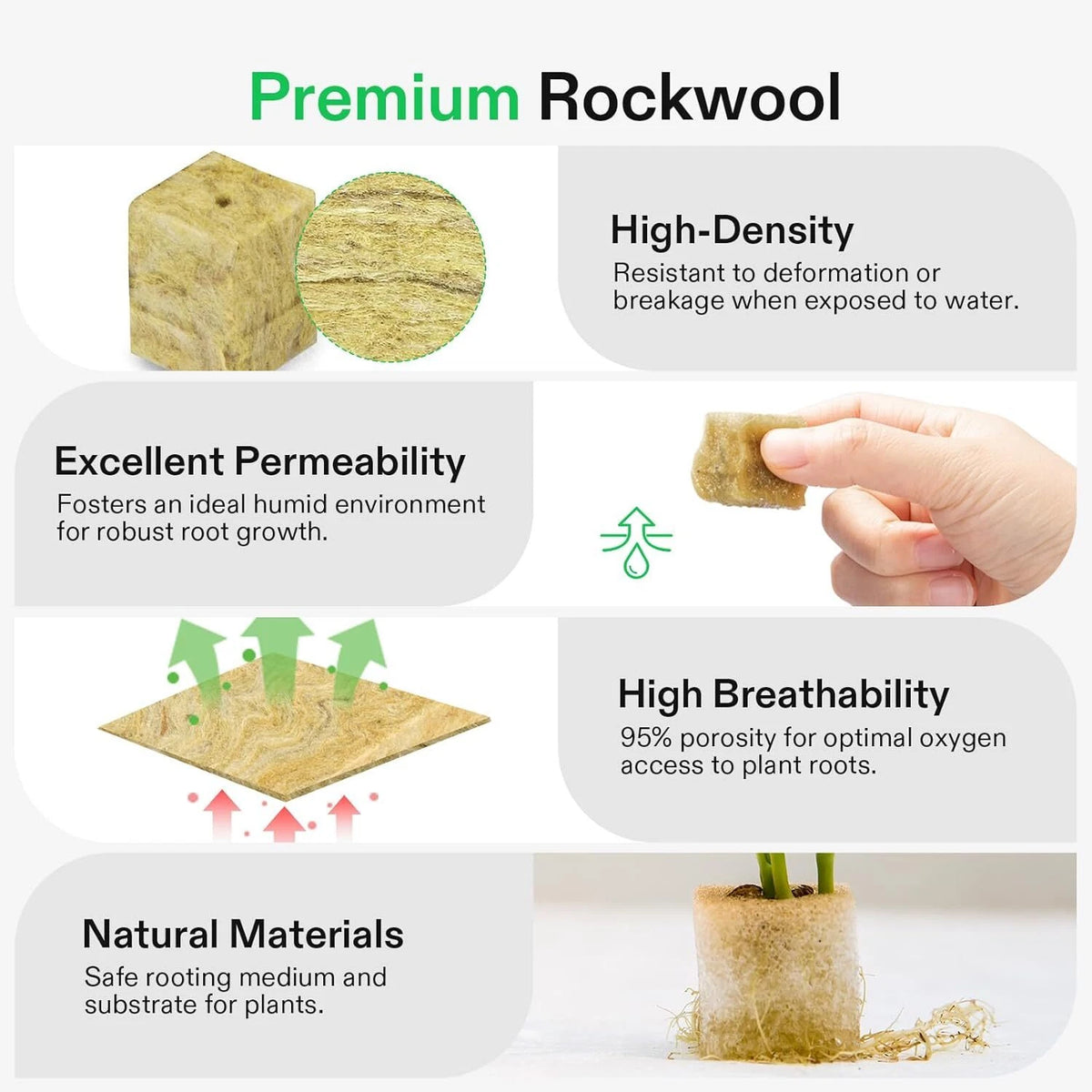 An infographic titled 'Premium Rockwool' showing five feature callouts with illustrations and a small photo of a hand holding a rockwool plug. Text highlights high-density strength, excellent permeability, high breathability, and natural material suitability for plants.