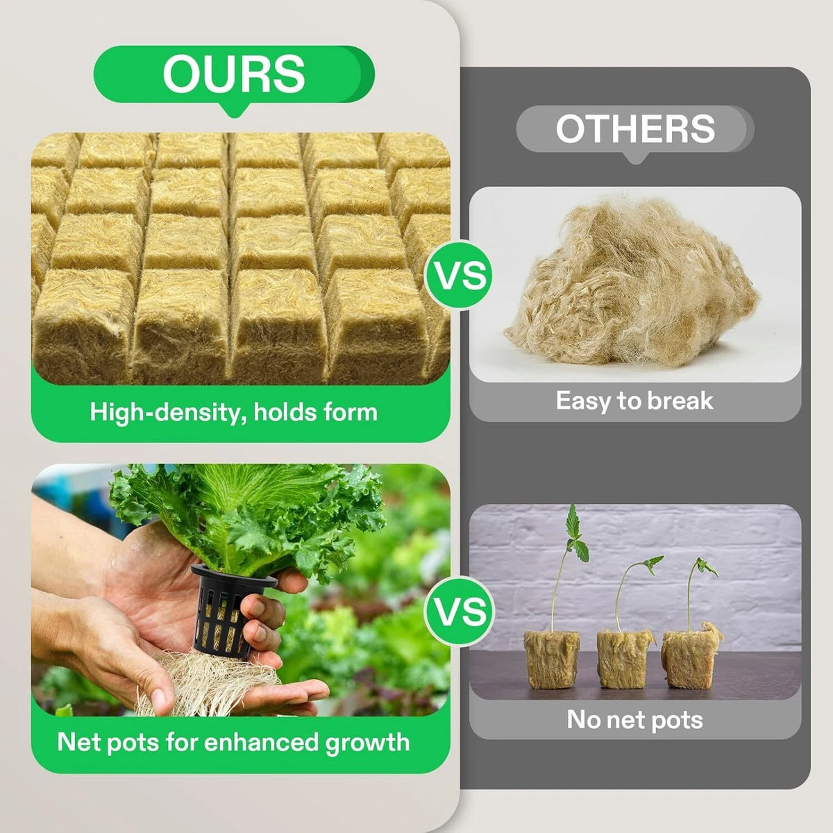Comparison of high-density rockwool cubes and grow nets with other types of nets for gardening.
