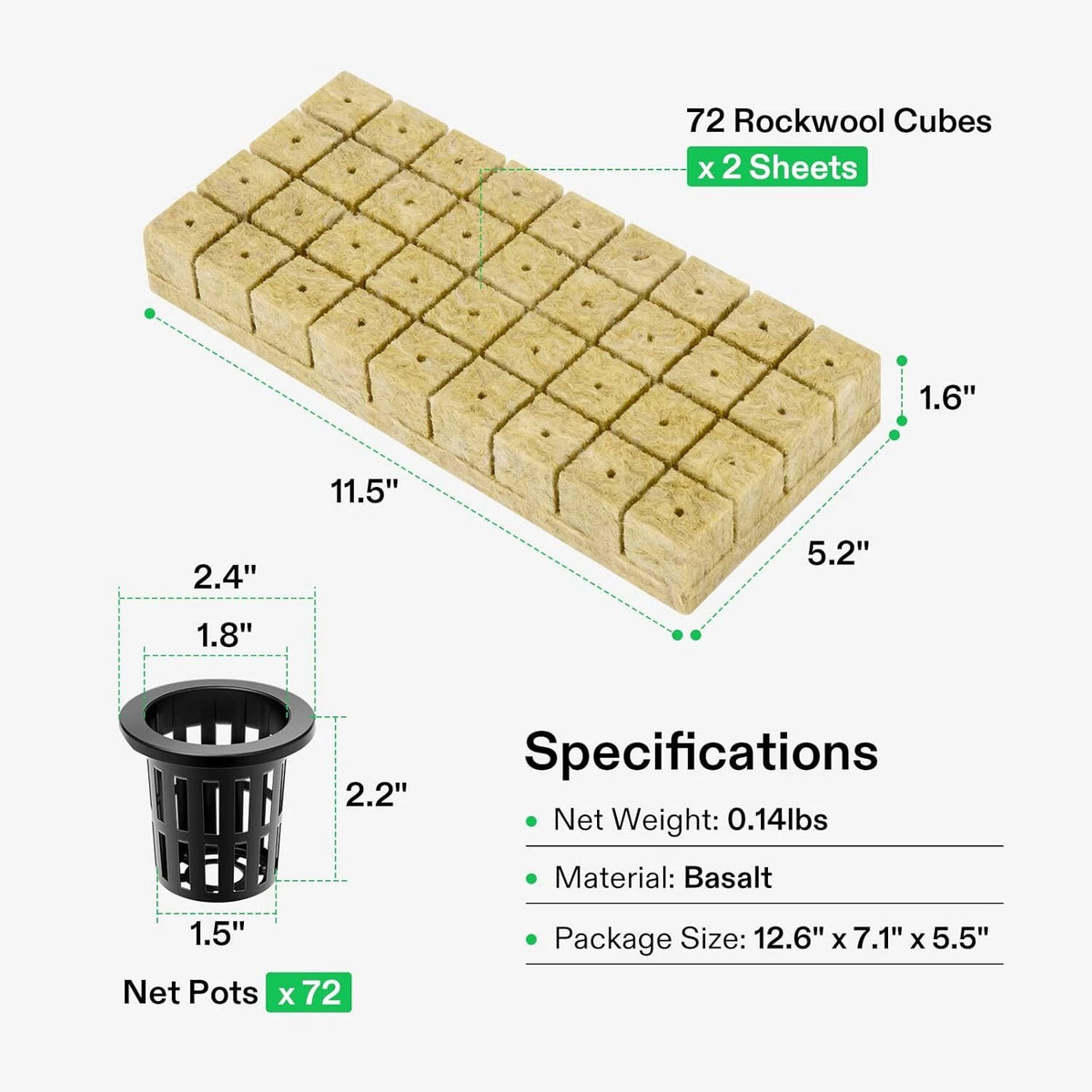 Rockwool cubes with dimensions and specifications on a white background