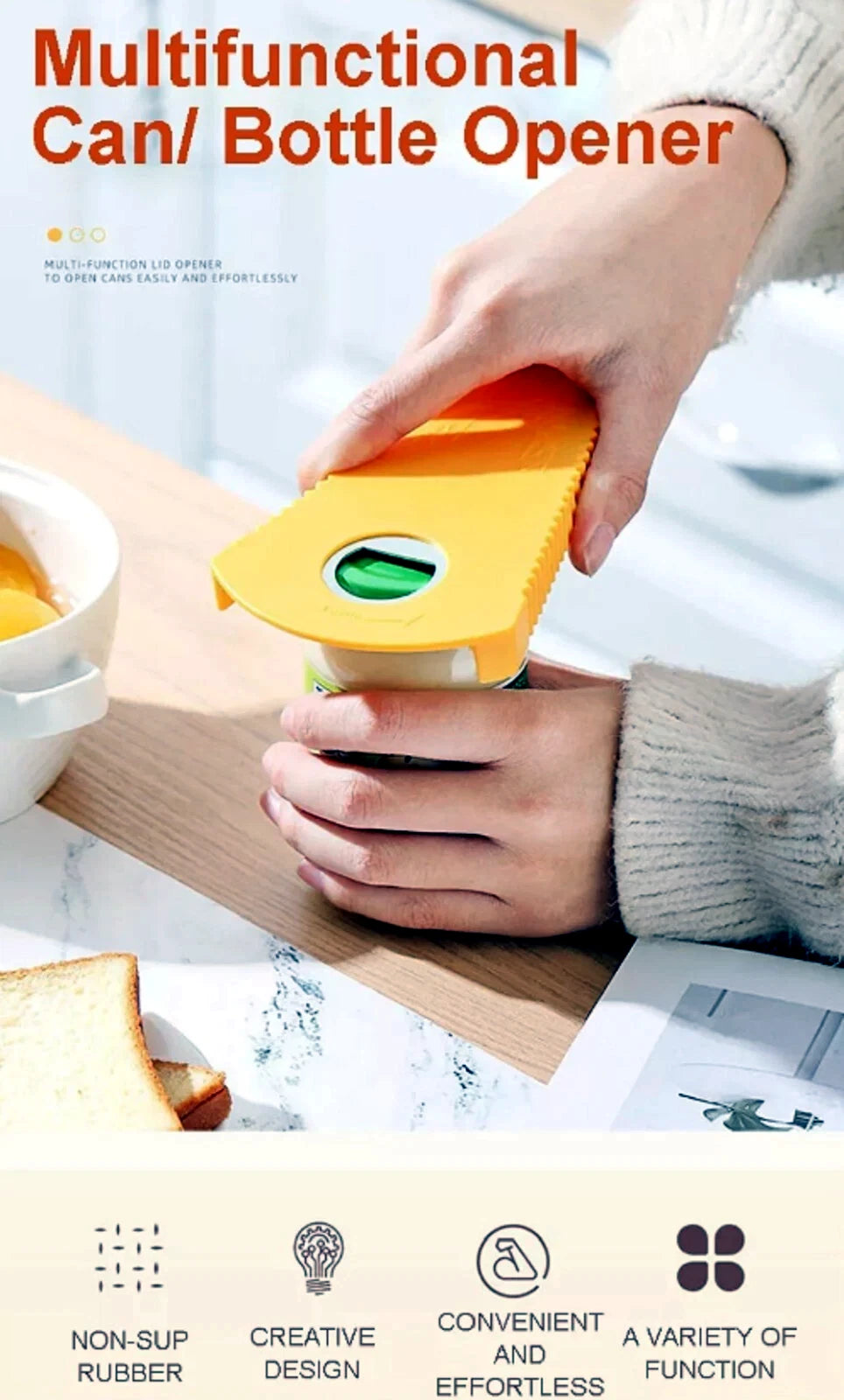 Multifunctional jar lid and bottle opener being used with a bowl and bread in the background
