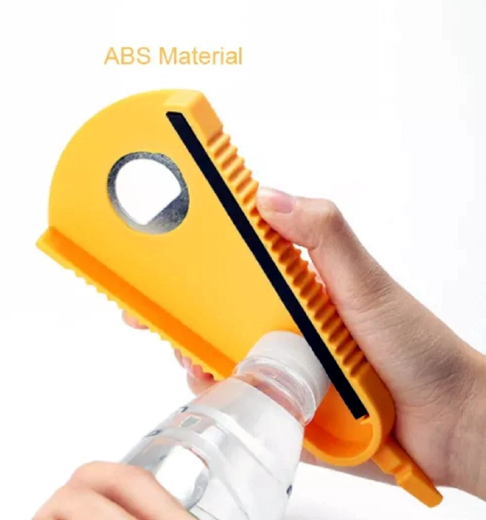Hand using a yellow bottle opener on a white background with 'ABS Material' text.