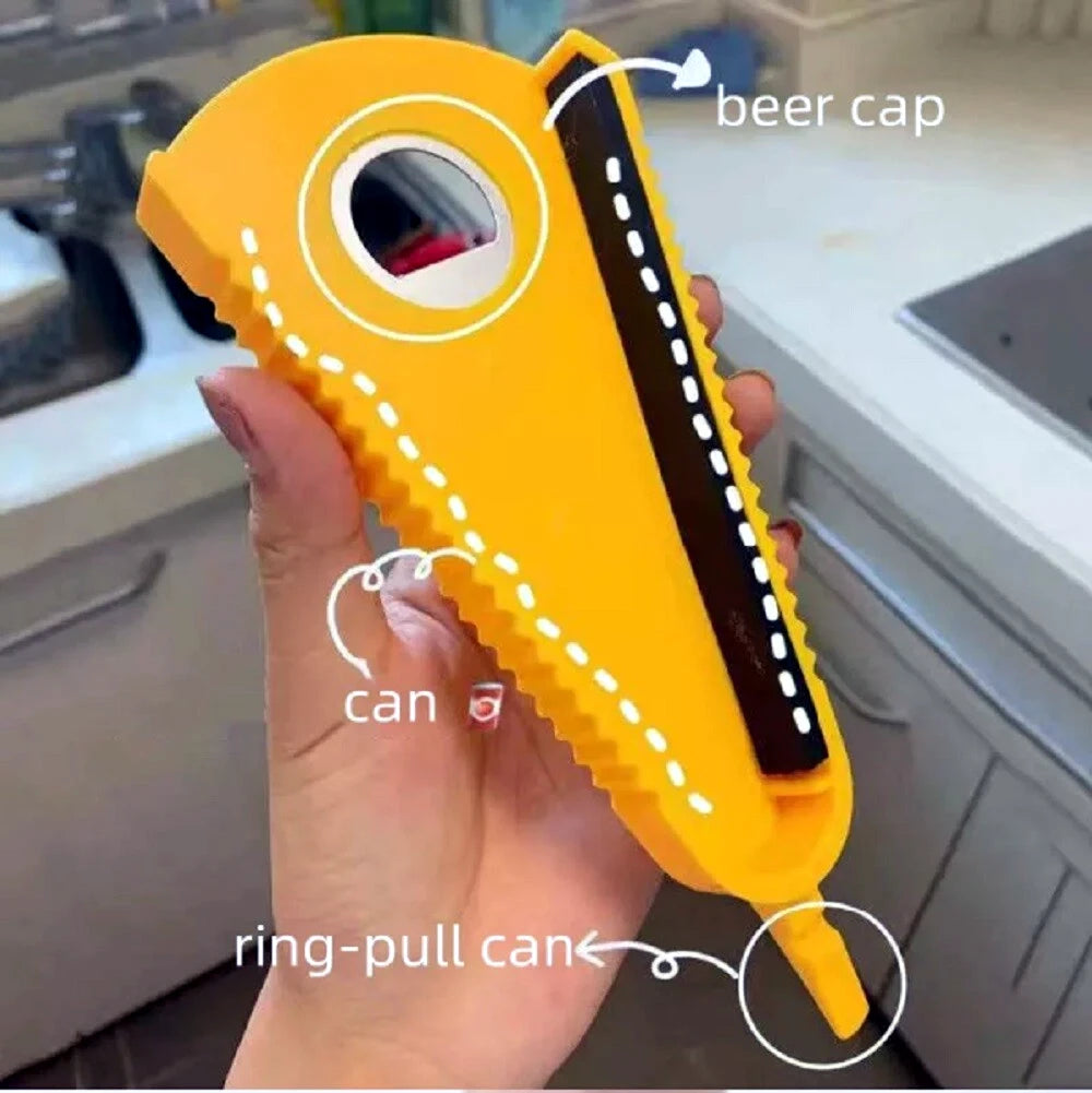 Yellow multi function jar lid and bottle cap opener held in a hand with labeled parts on a kitchen counter.