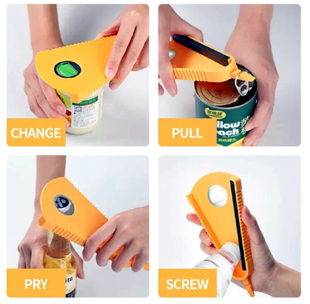 Multifunctional jar lid opener tool being used to open various containers with labeled steps on a white background.