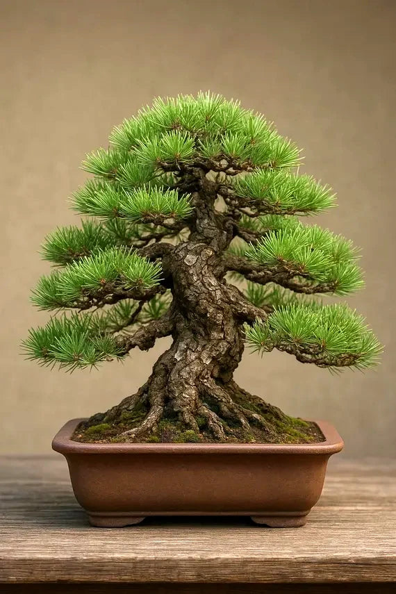 Japanese Red Pine bonsai tree in a pot on a wooden surface with a neutral background. (Pinus densiflora)