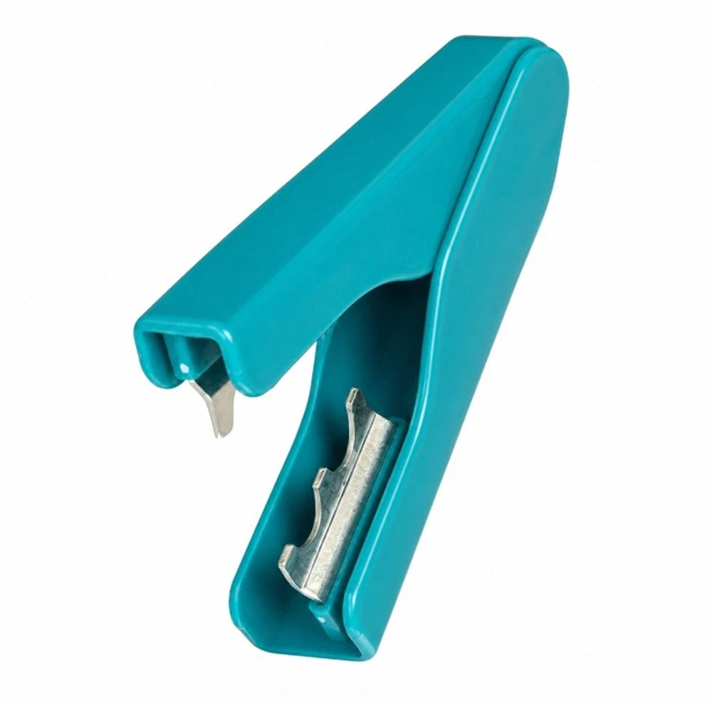 A teal plastic rose thorn stripper with silver metal blades, shown open on a plain white background.