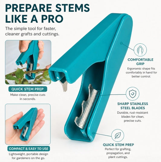 A teal and silver stem prepper tool shown on a light gray background with feature callouts and small inset photos of hands using it. The headline reads 'PREPARE STEMS LIKE A PRO' and the product is labeled as a compact, ergonomic gardening tool with stainless steel blades.
