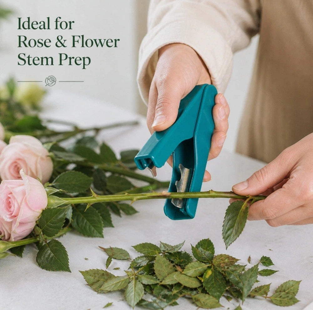 A person using a teal stem prepper tool to cut rose stems on a white surface, with pink roses and green leaves visible. Text in the upper left reads 'Ideal for Rose & Flower Stem Prep'.