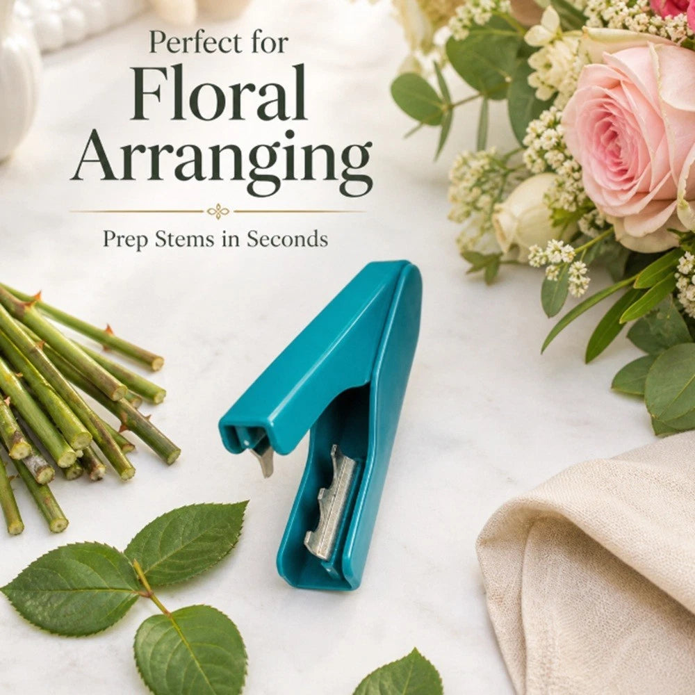 A teal floral stem prepper tool placed on a white marble surface, surrounded by rose stems, green leaves, a pink rose bouquet, and a folded beige cloth. Text at the top reads, 'Perfect for Floral Arranging Prep Stems in Seconds.