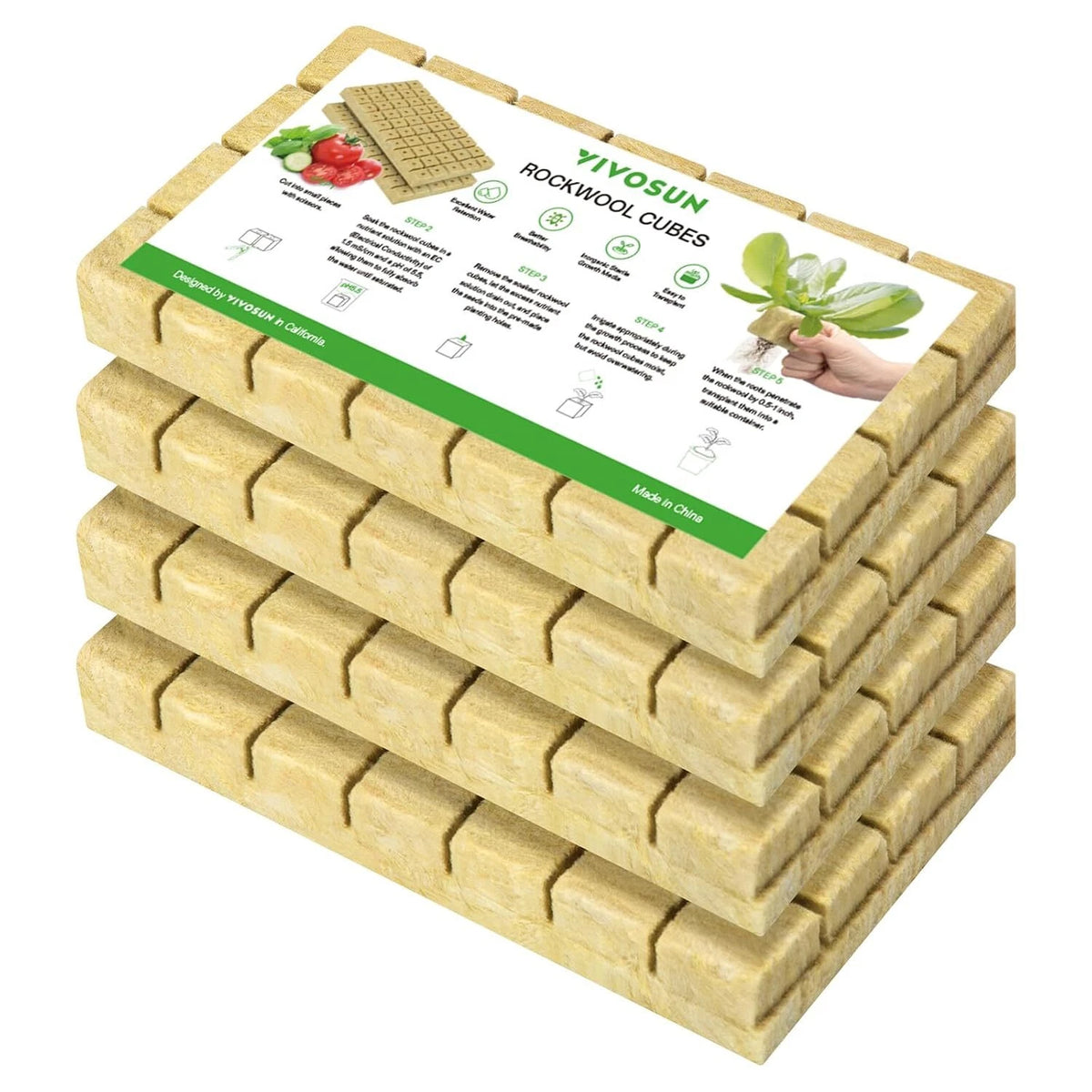 A stack of five VIVOSUN Rockwool Cubes, showing the light tan fibrous texture of the insulation material. The top cube features its white and green product label with illustrations of plants and text.