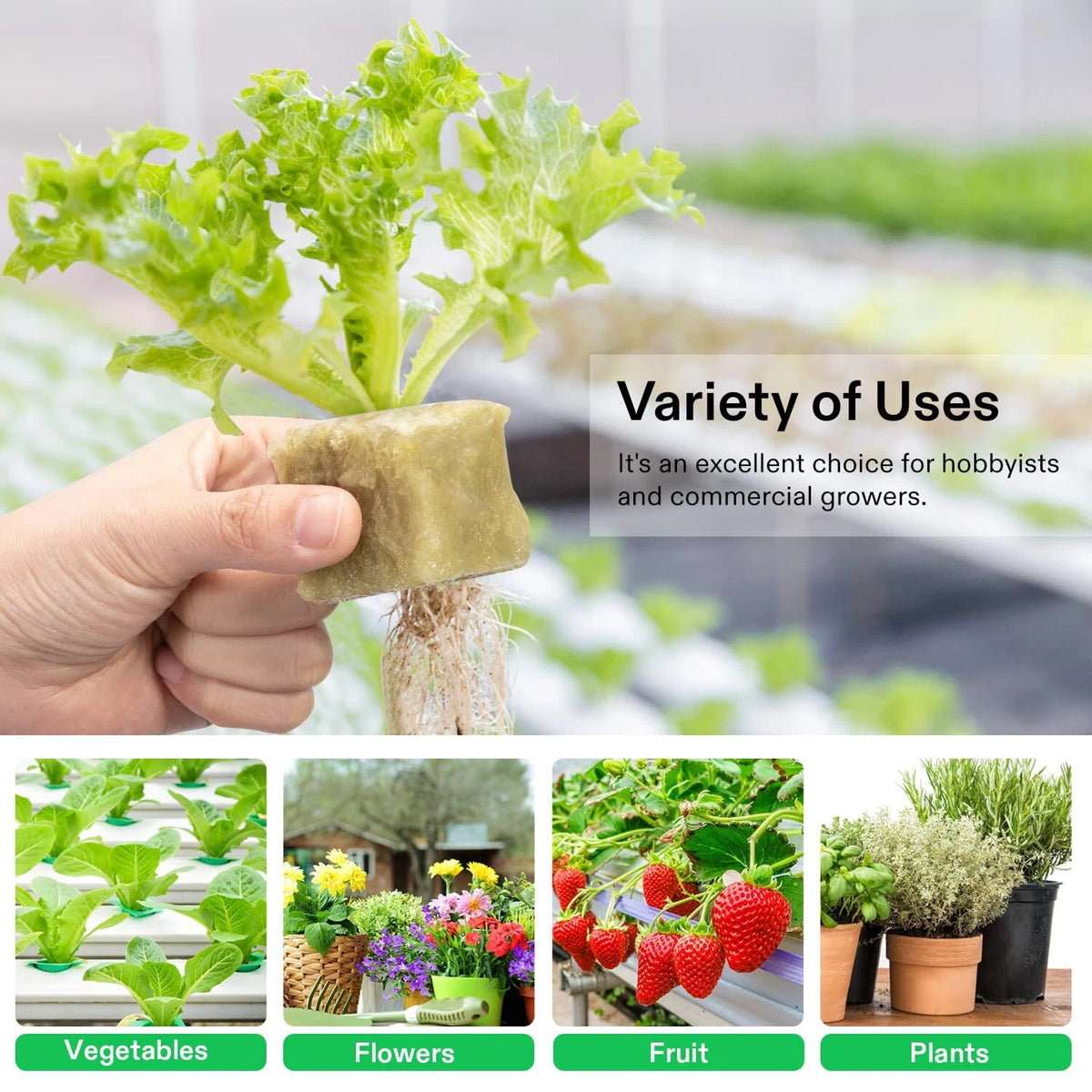 Hand holding a rockwool cube with images of plants and text about its uses.