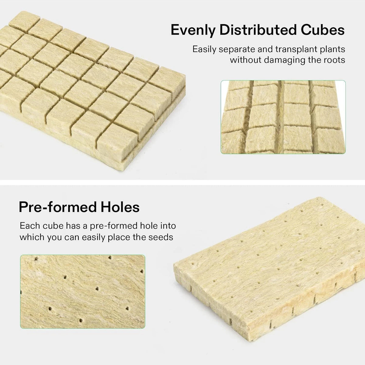 Two beige fibrous rockwool cube blocks with text callouts reading 'Evenly Distributed Cubes' and 'Pre-formed Holes,' plus inset close-ups showing the cube texture and hole pattern.