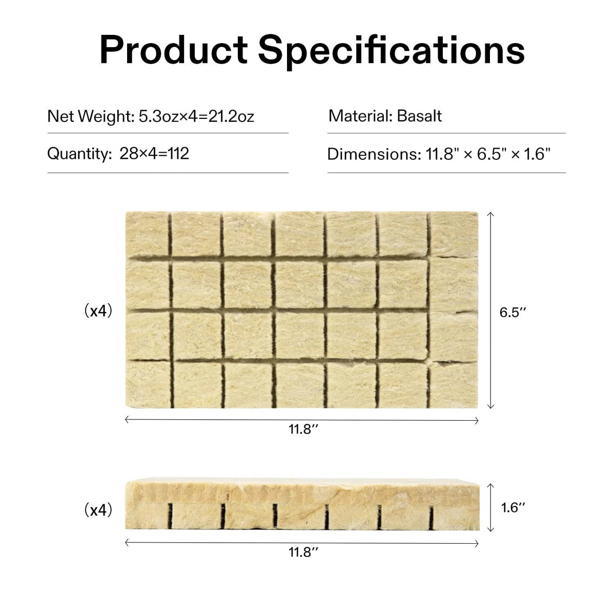 Product specifications chart for a set of four rectangular rockwool cubes. The chart shows the tiles with dimensions labeled as 11.