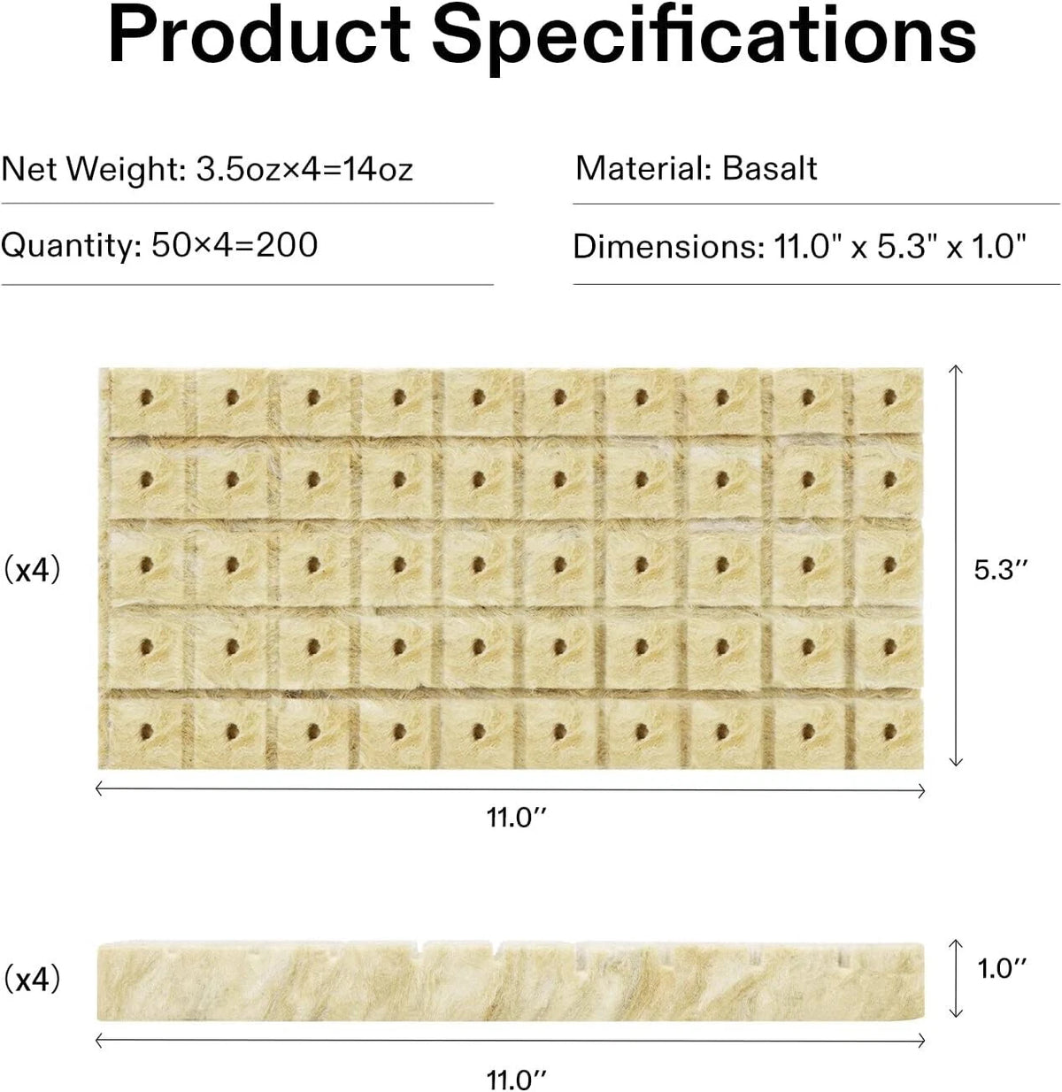 Product specifications and dimensions for a set of square rockwool cube sheets with round holes, showing a 5.3 x 11.