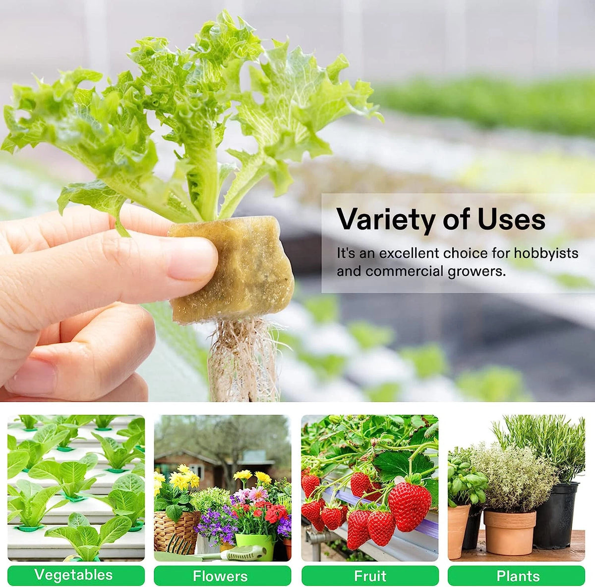 A hand holds a brown square rockwool propagation cube with a green leafy plant growing out of it. The top text reads 'Variety of Uses' with a subtitle about hobbyists and commercial growers.