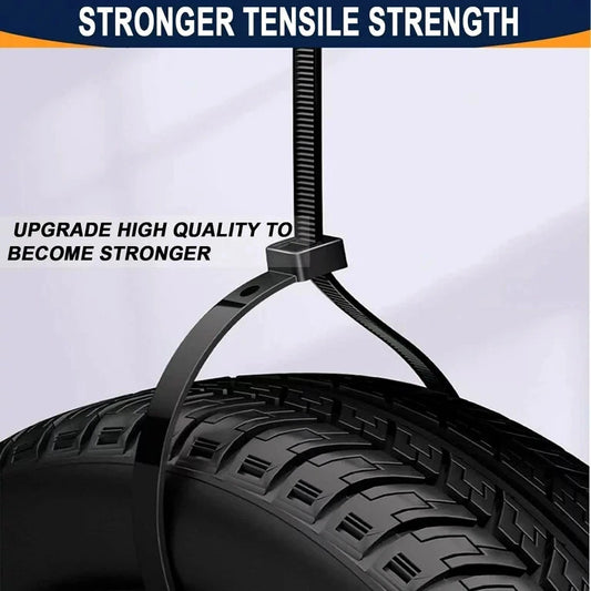 Large 24 inch heavy duty nylon zip tie holding up the weight of a tire.