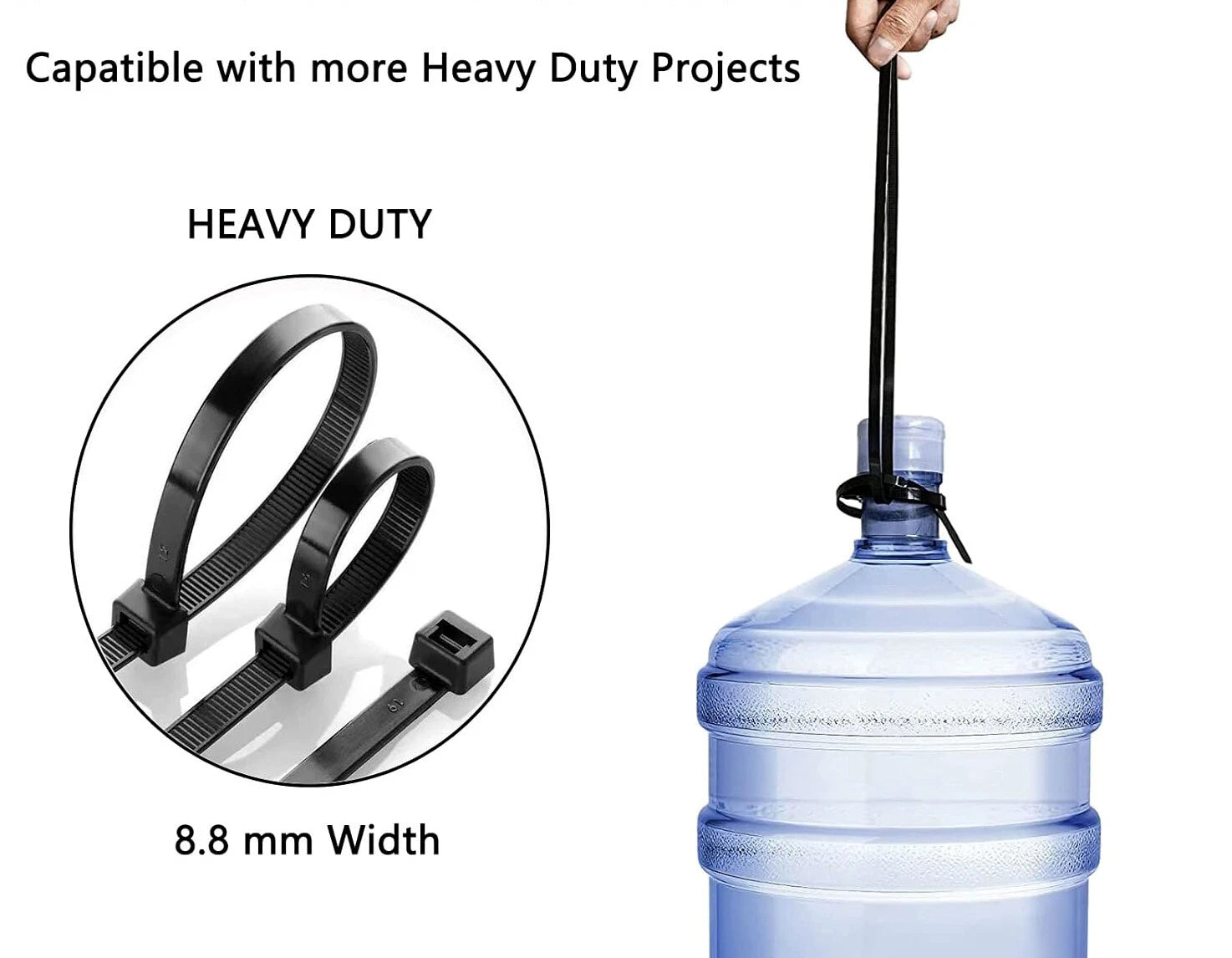 Large Heavy-duty 24 inch nylon cable tie being used to secure a water bottle with text highlighting its use on heavy-duty projects.