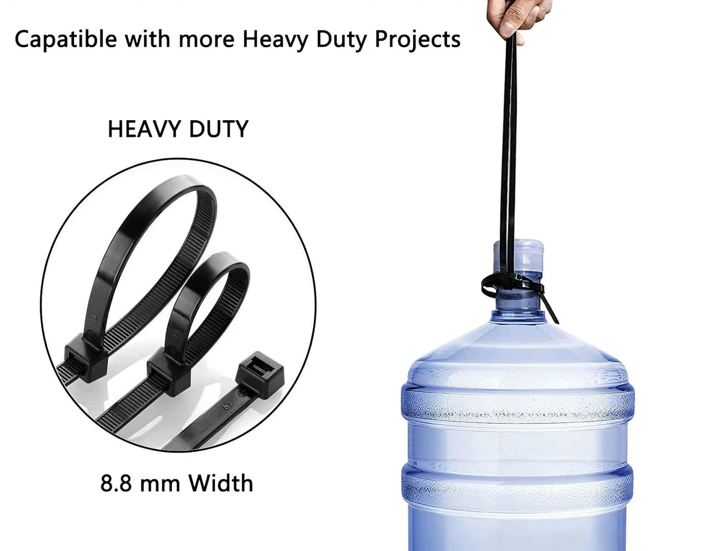 Heavy-duty 36 inch black nylon cable tie being used to secure a water bottle with text highlighting its use on heavy-duty projects.