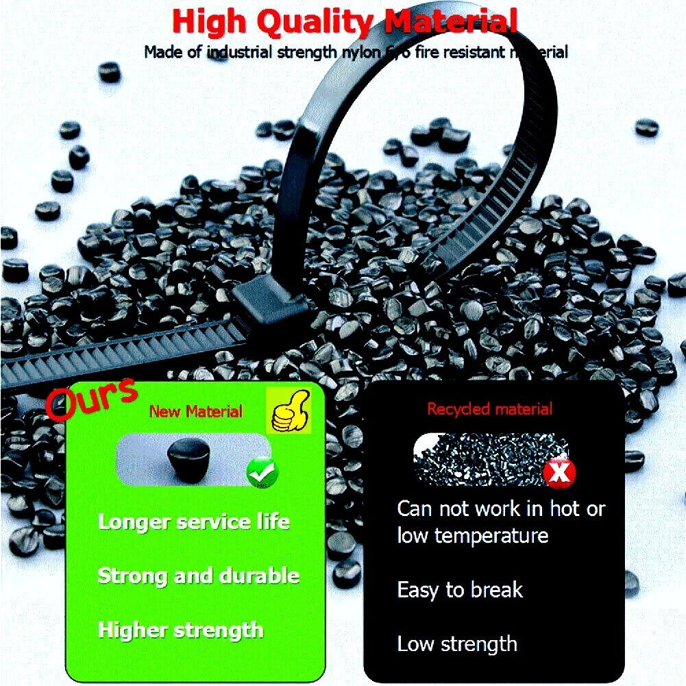 Black plastic clip with material comparison text and icons on a white background
